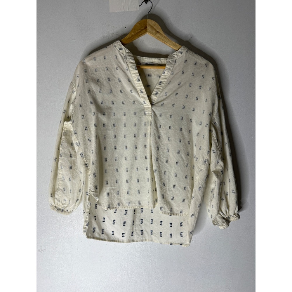 Madewell ainslee print cotton v neck top‎ cream blue size small